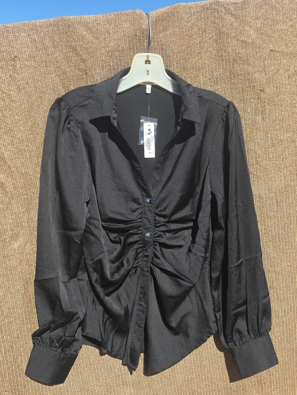Women's Black Ruched Front Button-Down Shirt